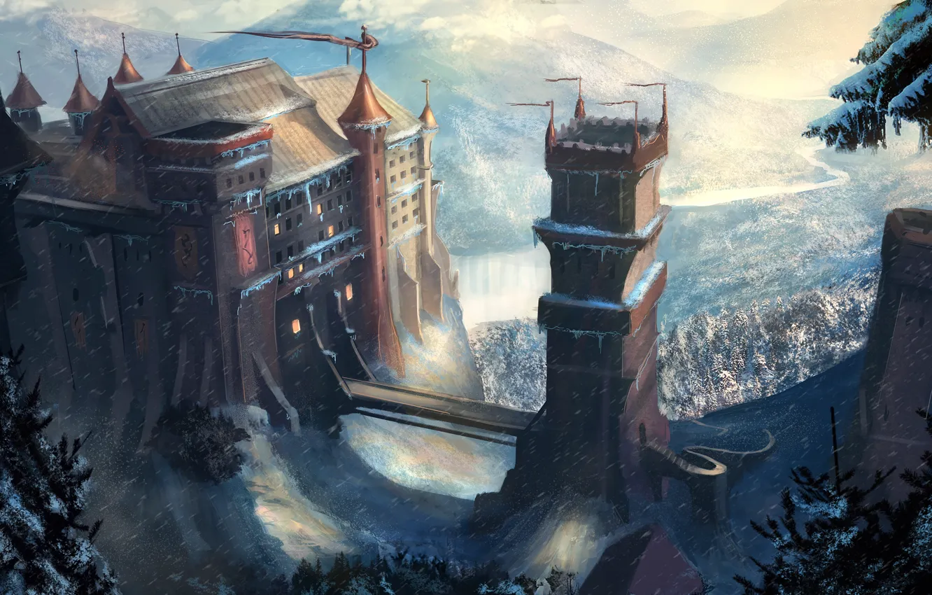 Фото обои снег, горы, мост, замок, фэнтези, арт, башни, fantasy