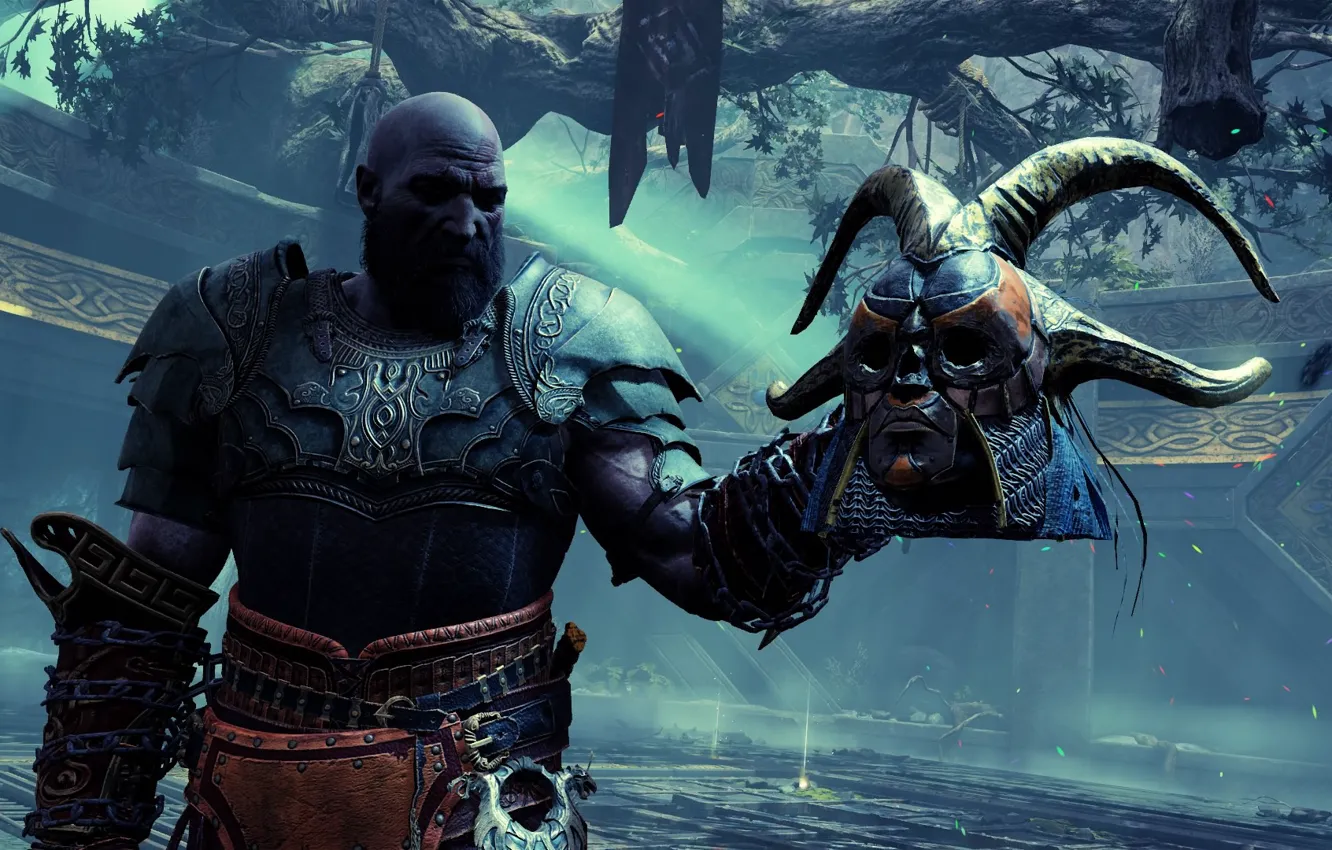 Фото обои мужик, маска, рога, шлем, Kratos, God of War