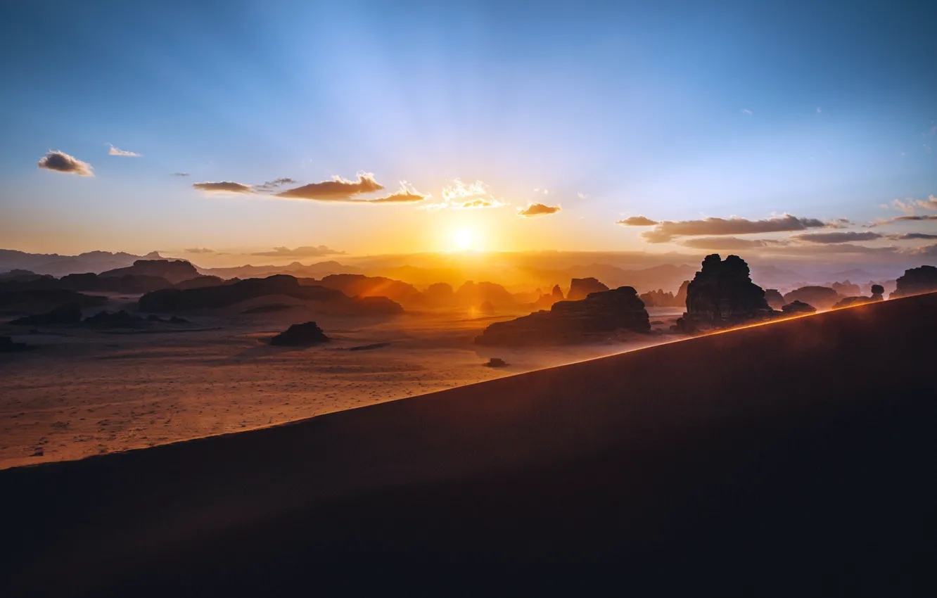 Фото обои Закат, Пустыня, Sunset, Saudi Arabia, Desert, Саудовская Аравия, Lonely Journey, Одинокое путешествие