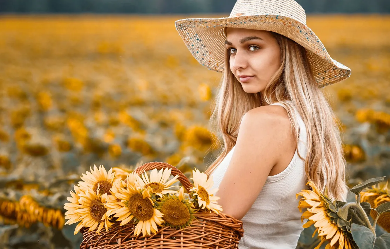 Фото обои подсолнухи, шляпа, блондинка, корзинка, Lucie