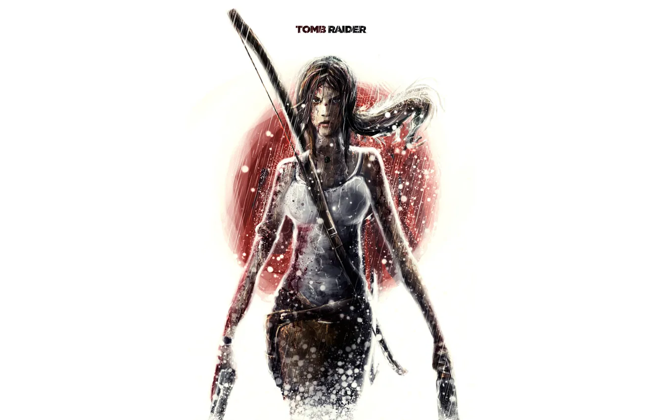 Фото обои девушка, оружие, кровь, минимализм, белый фон, Tomb Raider, Lara Croft
