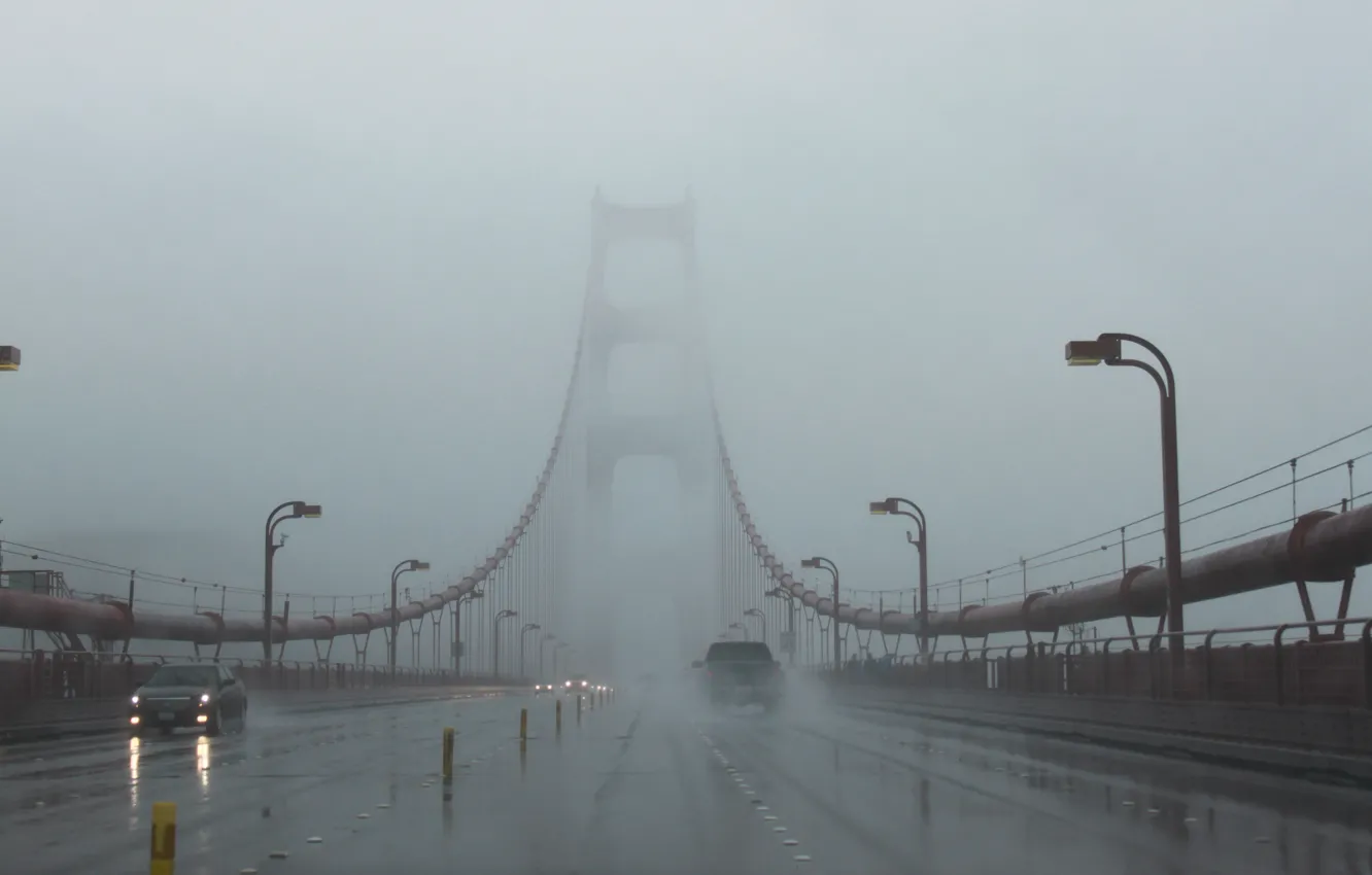 Фото обои машины, мост, туман