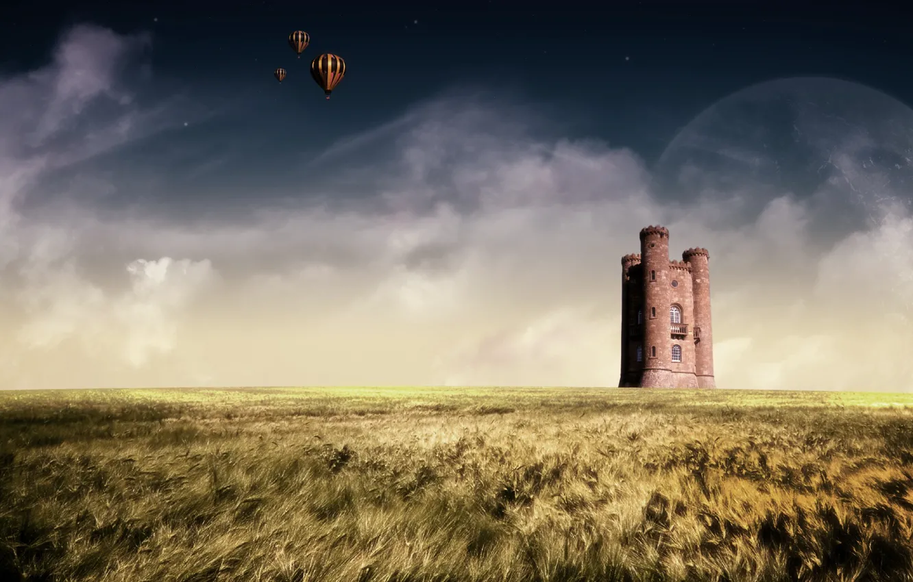 Фото обои поле, воздушный шар, замок, планета, горизонт