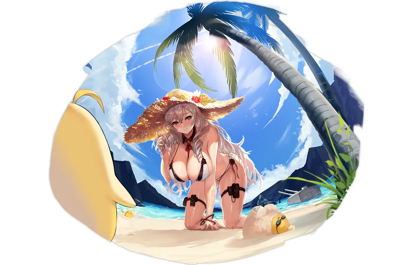 Фото обои girl, sexy, cleavage, beach, long hair, sea, boobs, anime