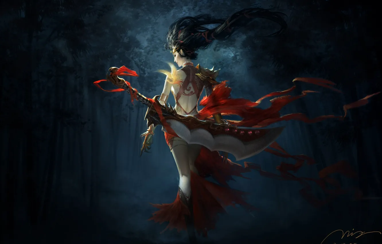 Фото обои лес, девушка, ночь, оружие, птица, темно, меч, бамбук