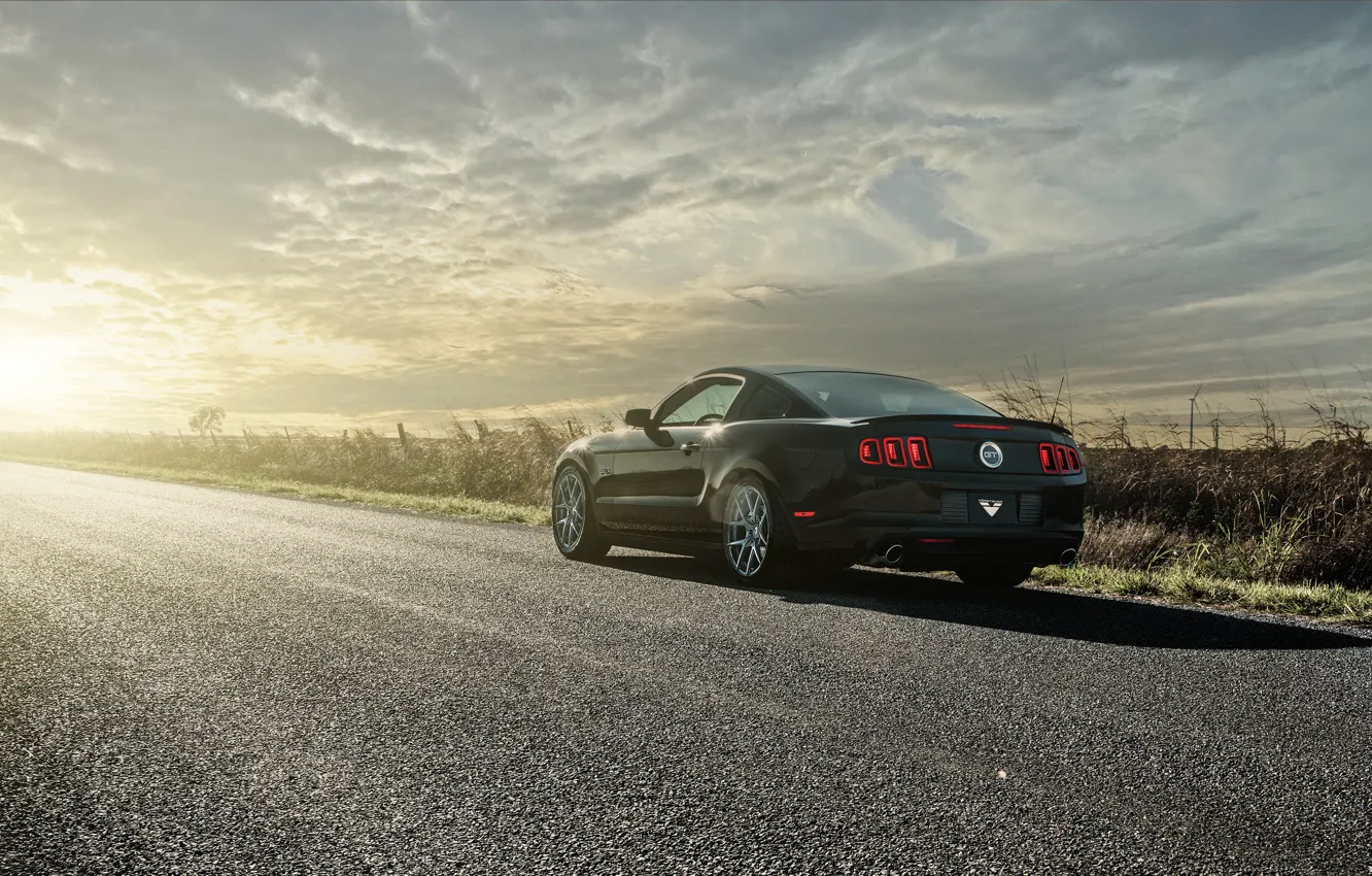 Фото обои Mustang, Ford, black, road, 5.0, rear, sun