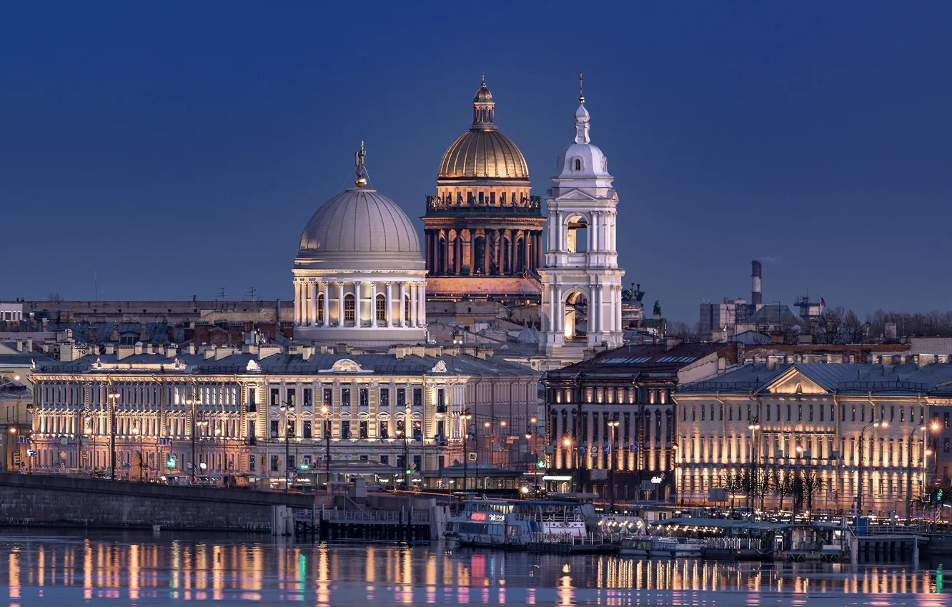 Фото обои город, река, вечер, Питер, освещение, Санкт-Петербург, архитектура, купола