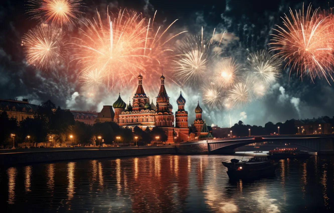 Фото обои небо, ночь, город, праздник, вид, здания, салют, Москва