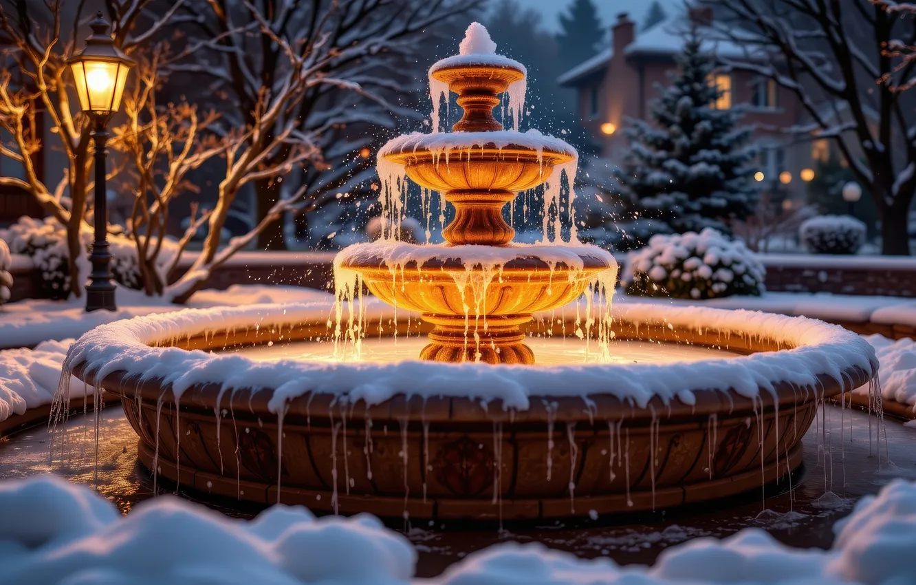 Фото обои зима, иней, вода, свет, снег, ночь, ветки, огни