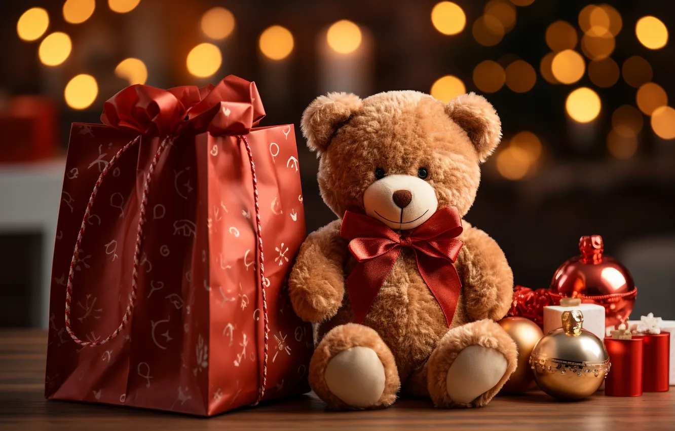 Фото обои игрушка, медведь, Рождество, мишка, подарки, Новый год, медвежонок, тедди