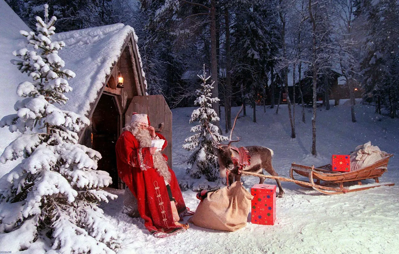 Фото обои зима, новый год, рождество, олень, санта клаус