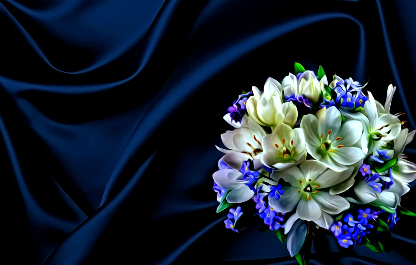 Фото обои цветы, рендеринг, картинка, темно-синий фон, весенний букет, шелковая ткань