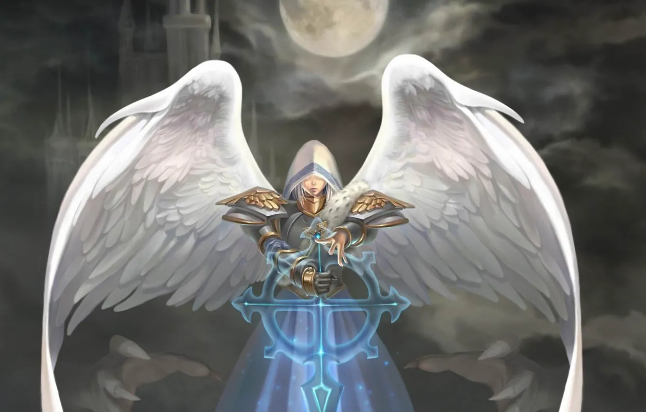 Фото обои луна, крылья, ангел, арт, капюшон, natsuki-3, heroes of might and magic