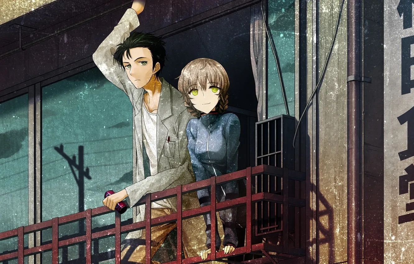 Фото обои девушка, аниме, арт, иероглифы, банка, балкон, парень, Steins;Gate