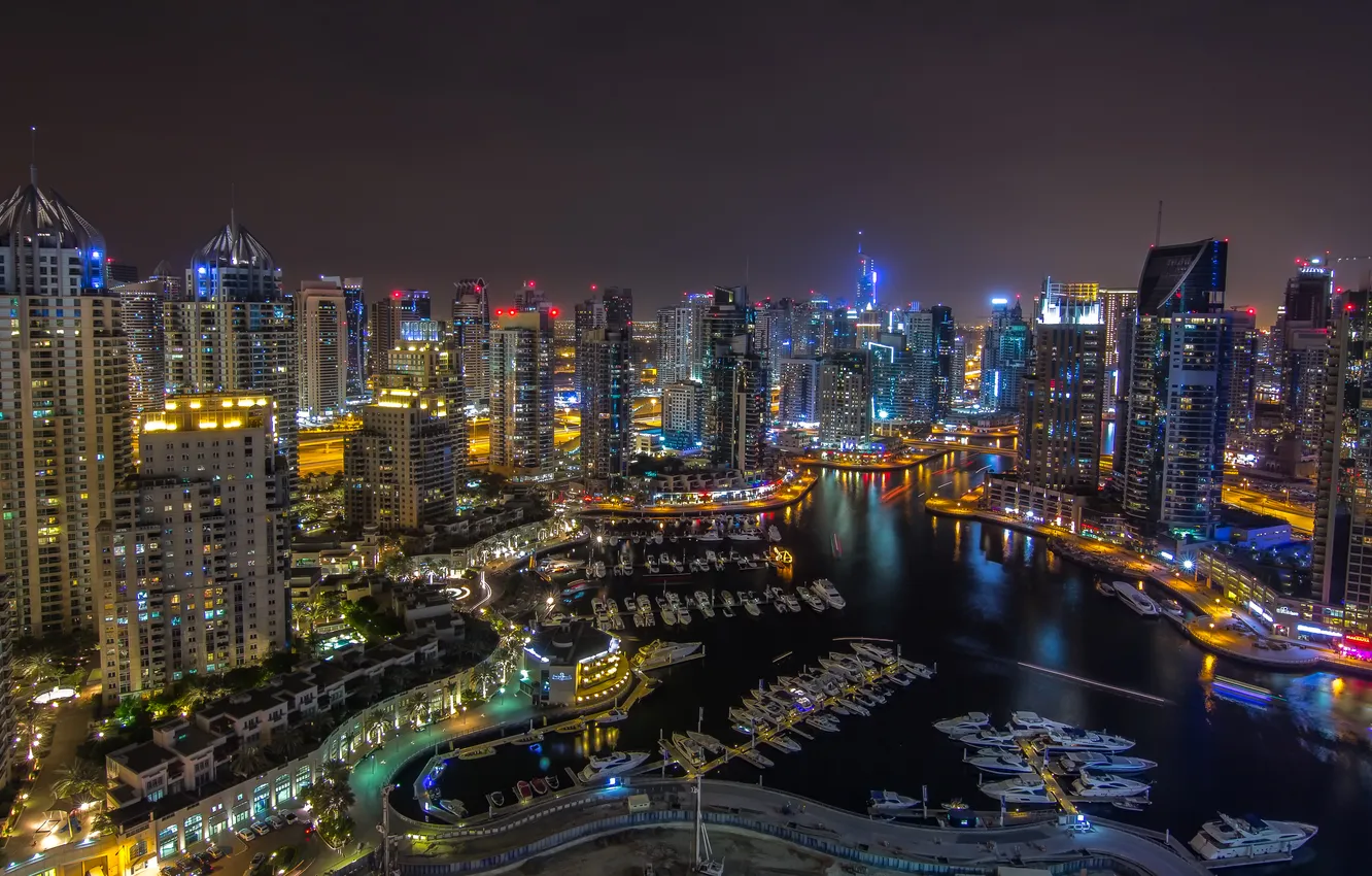 Фото обои панорама, Дубай, ночной город, Dubai, ОАЭ, UAE