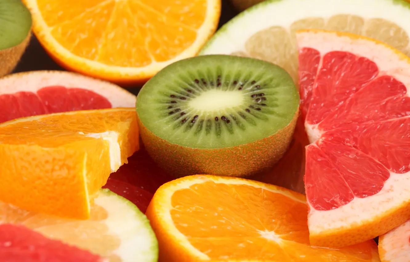 Фото обои апельсины, киви, лайм, фрукты, грейпфрут