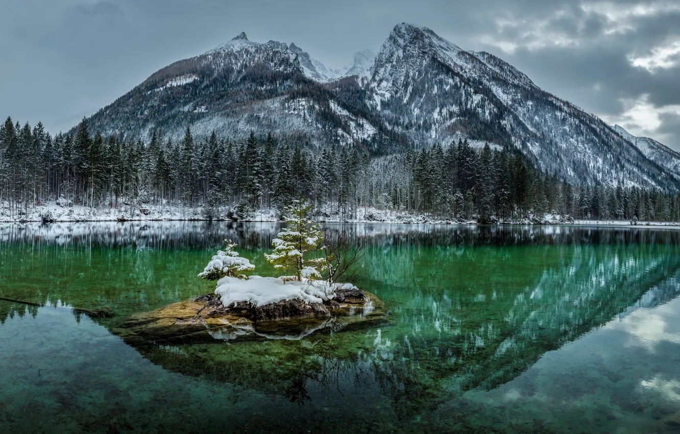 Фото обои зима, лес, снег, горы, озеро, отражение, ели, Бавария