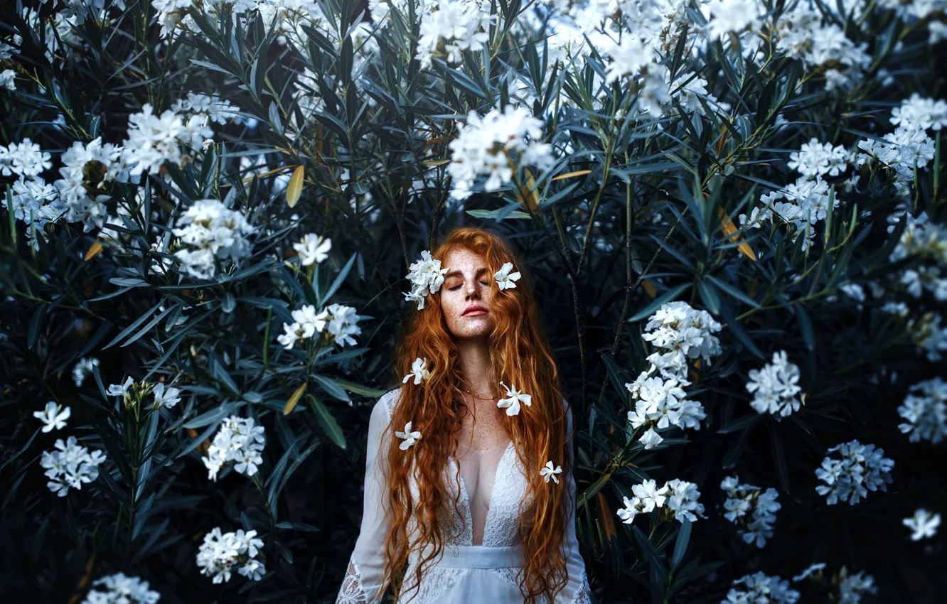 Фото обои девушка, цветы, декольте, прелесть, рыжеволосая, Ronny Garcia, Light my soul in the white night
