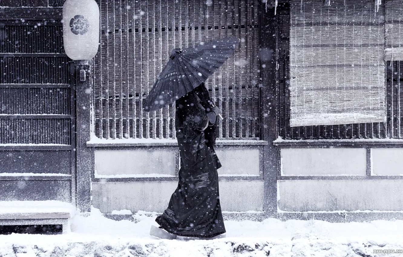 Фото обои снег, японка, зонт