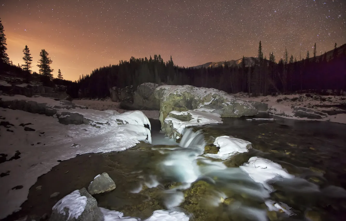 Фото обои зима, ночь, река