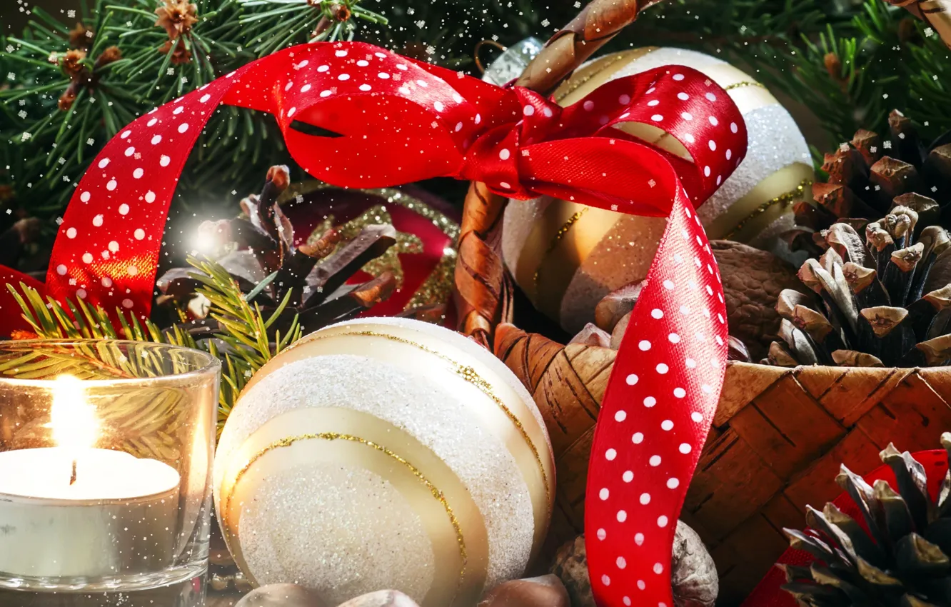 Фото обои корзина, шар, свеча, лента, Новый год, украшение, бант, Christmas