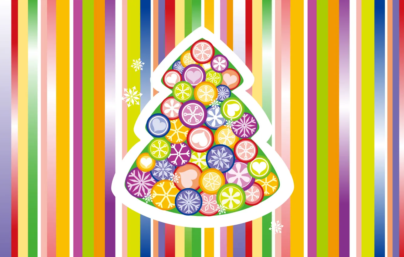 Фото обои снежинки, полосы, фон, праздник, игрушки, Новый Год, цветной, елочка