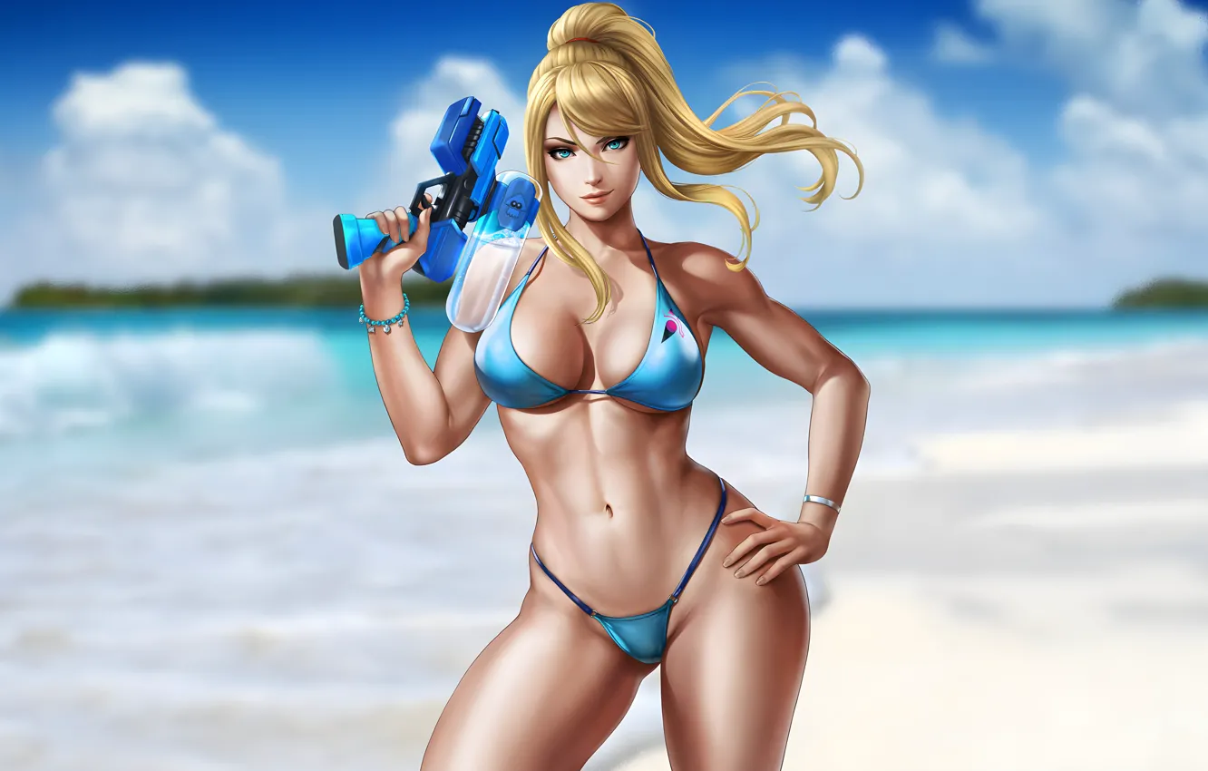 Фото обои beach, boobs, games, blue eyes, blonde, belly, bikini, hips