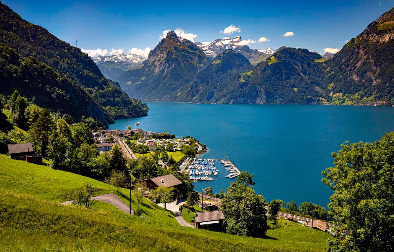 Фото обои горы, озеро, Швейцария, деревня, Альпы, панорама, Switzerland, Alps