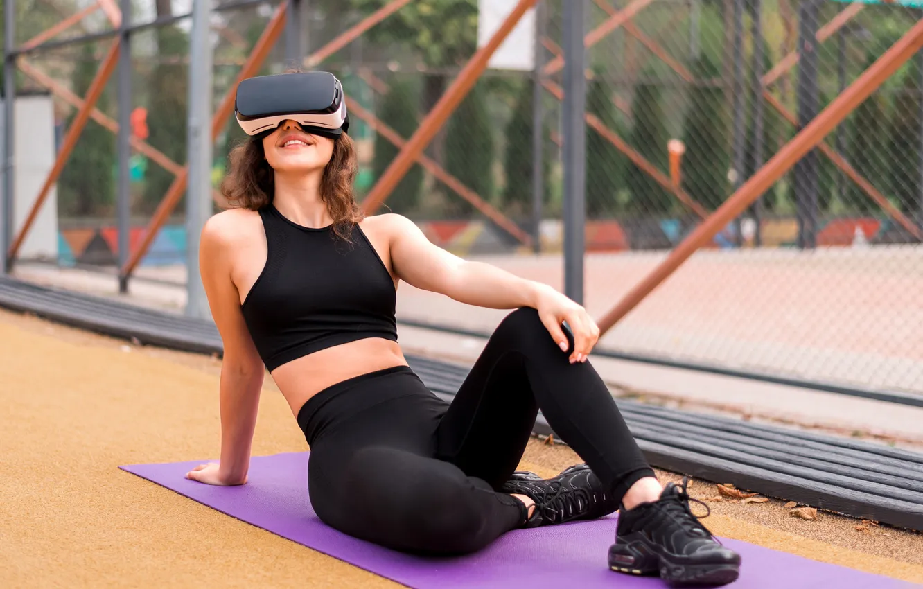 Фото обои woman, smiling, yoga, Tracksuit, vr-headset