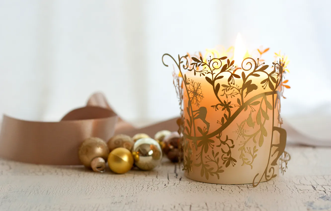 Фото обои шарики, узор, свеча, Новый Год, Рождество, лента, декорации, Christmas
