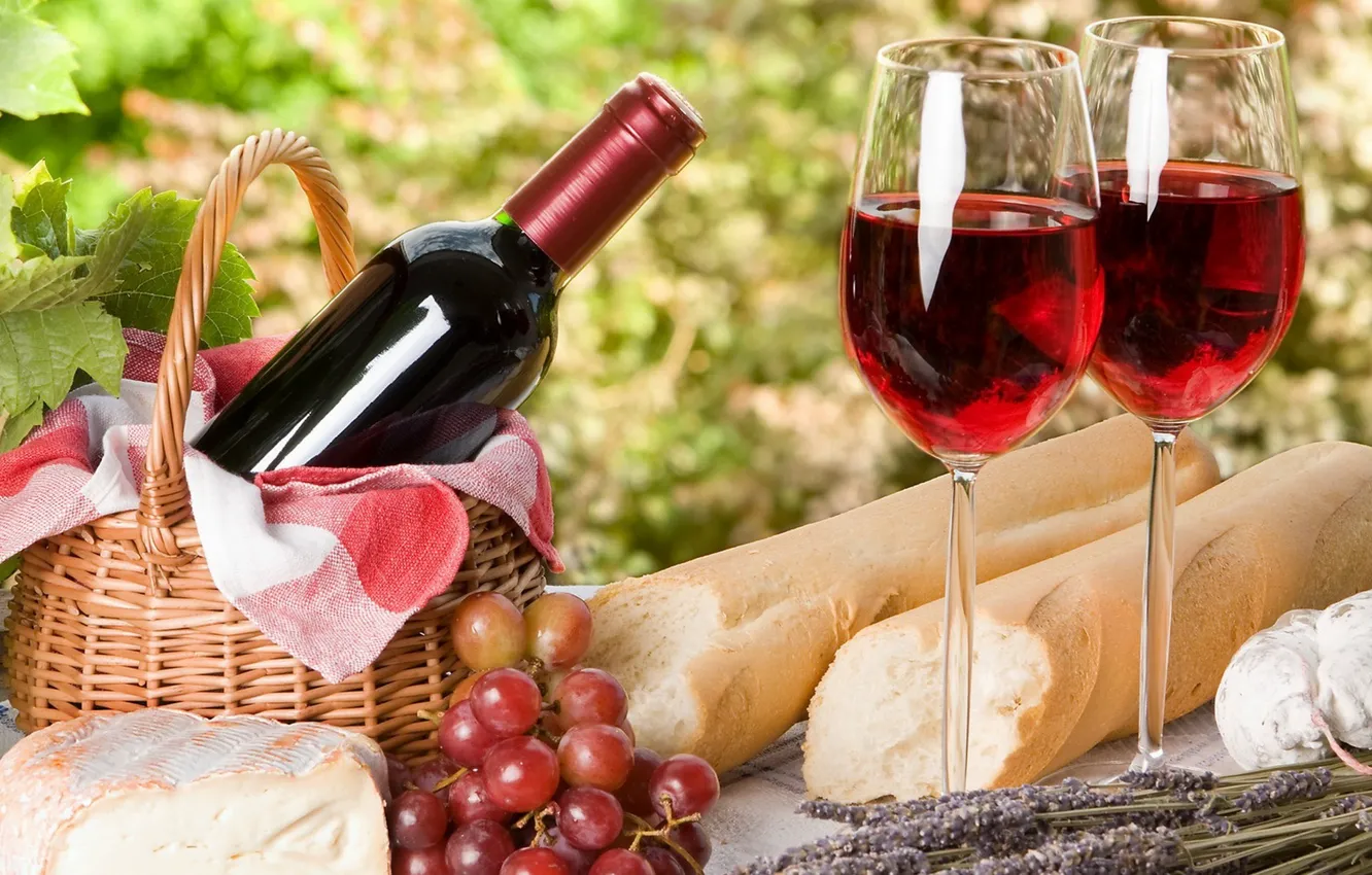 Фото обои вино, сыр, бокалы, хлеб, виноград, пикник, франция