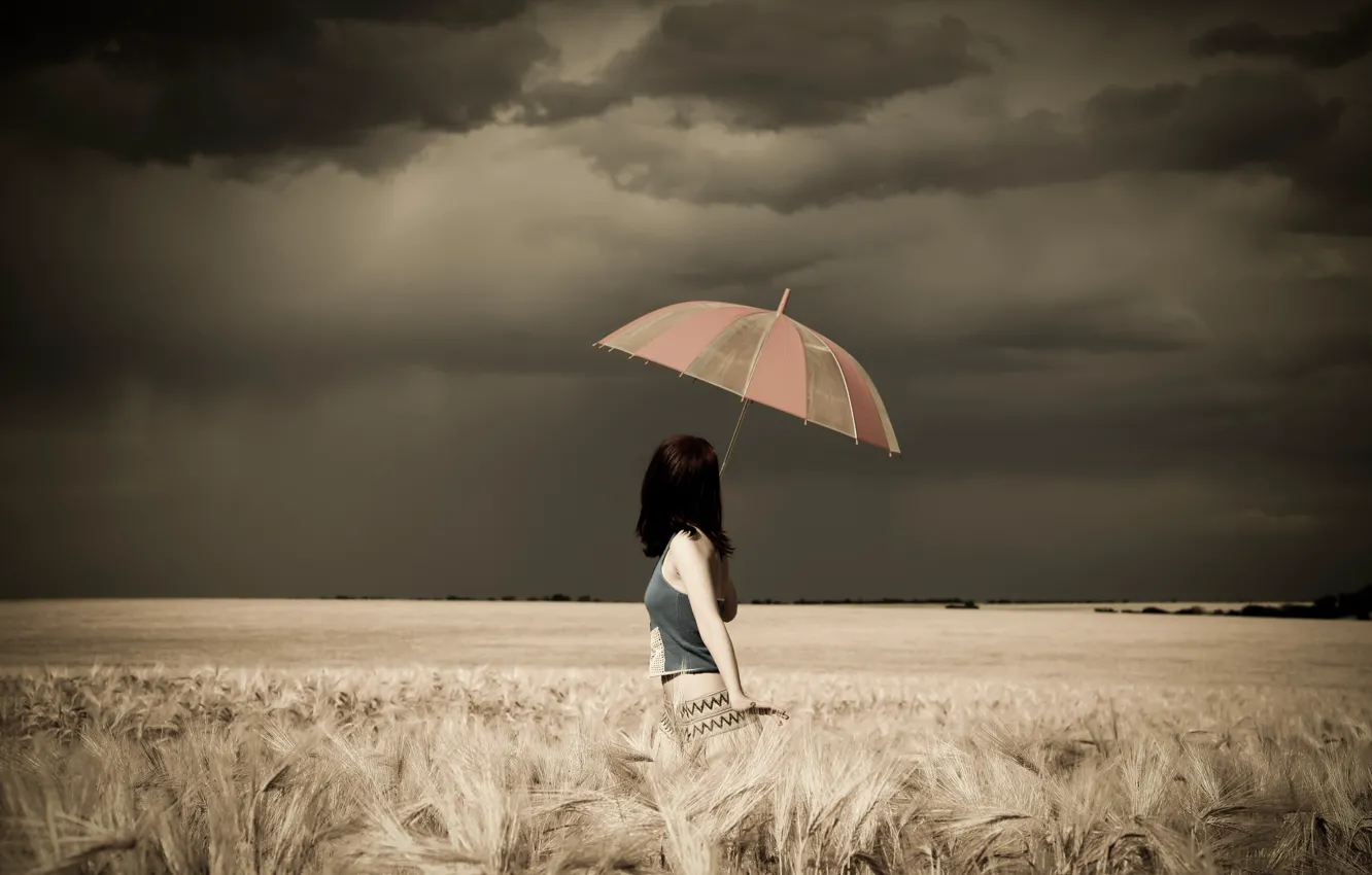 Фото обои Girl, Clouds, Model, Storm, Female, Umbrella, Photo, Woman
