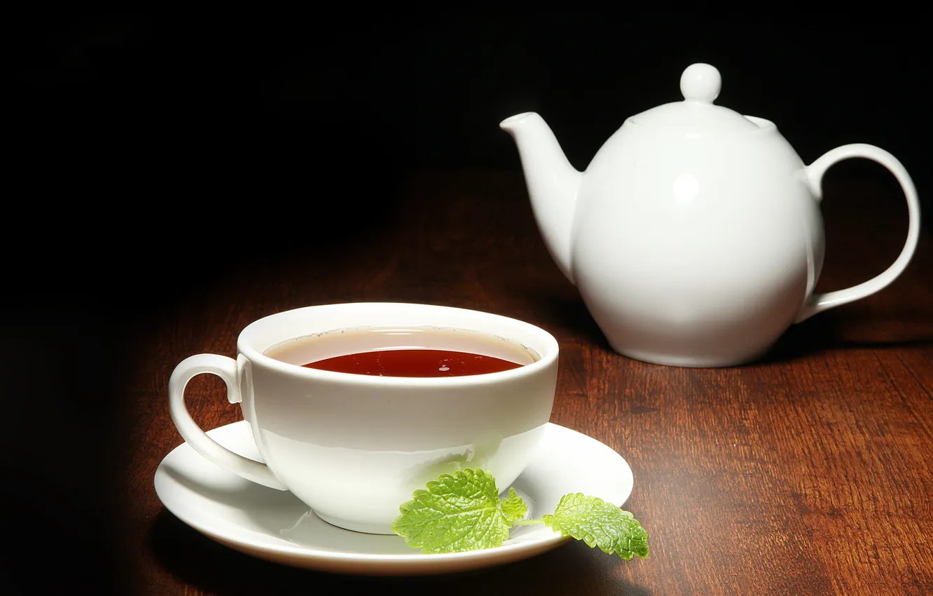Фото обои белый, темный фон, чай, чайник, чашка, мята, заварник