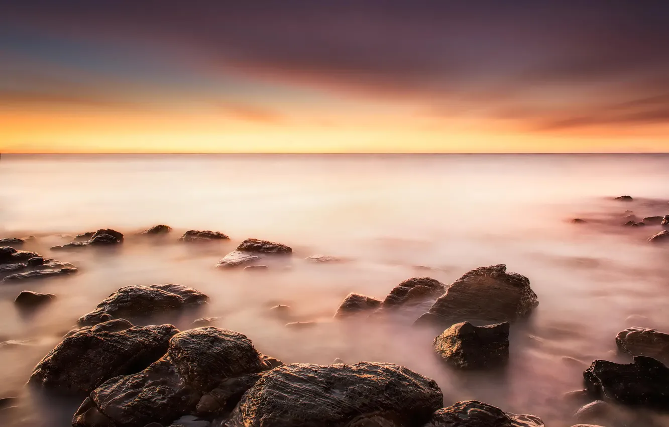Фото обои камни, океан, рассвет, берег, вид, горизонт