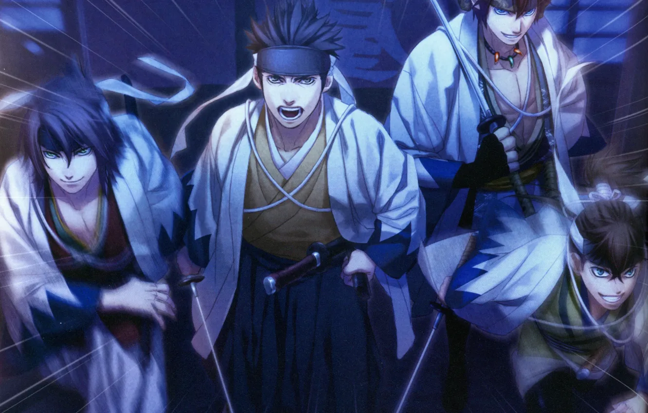 Фото обои катана, японская одежда, самураи, hakuouki shinsengumi kitan, kondou isao, в атаку, Heisuke Toudou, okita souji