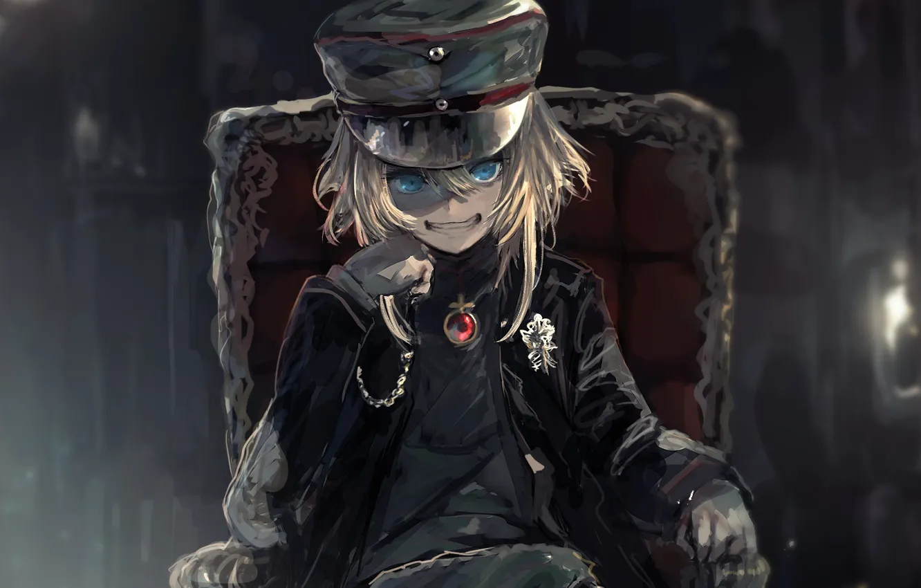 Фото обои kawaii, girl, blood, soldier, military, war, anime, chair