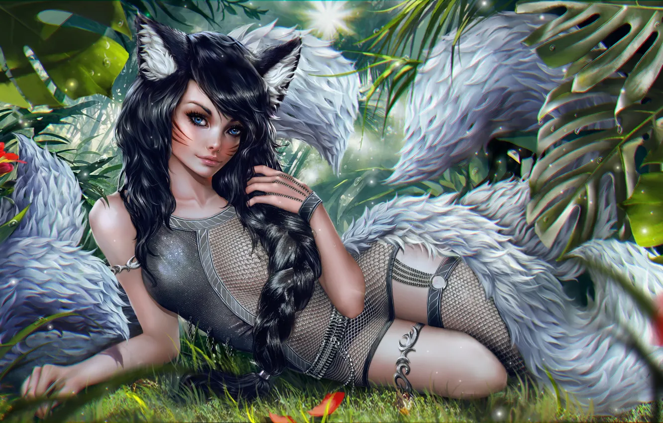 Фото обои Девушка, Эльфийка, Art, League of Legends, Ahri, Nine-Tailed Fox