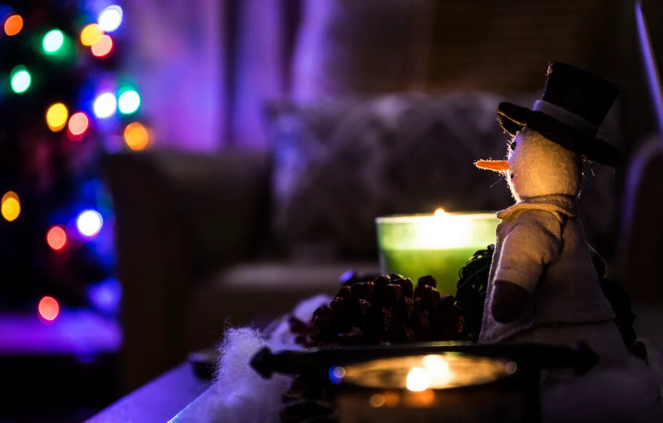 Фото обои Christmas, Holidays, Blur, Macro, Snowman, Candles
