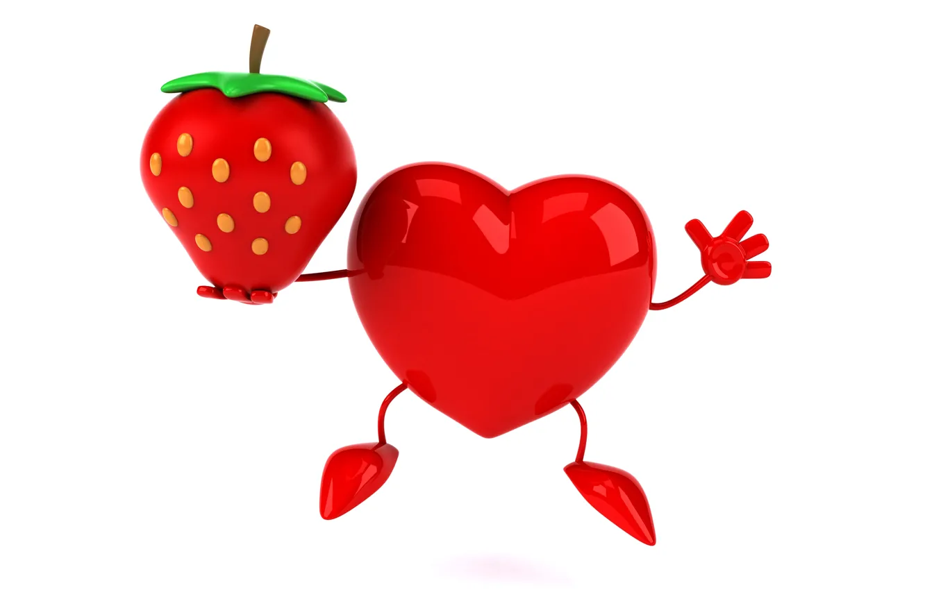 Фото обои сердце, клубника, heart, strawberry, funny, rendering, 3D Art
