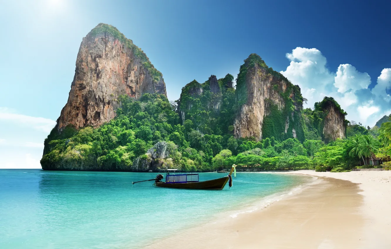 Фото обои пляж, океан, лодка, утесы, Thailand