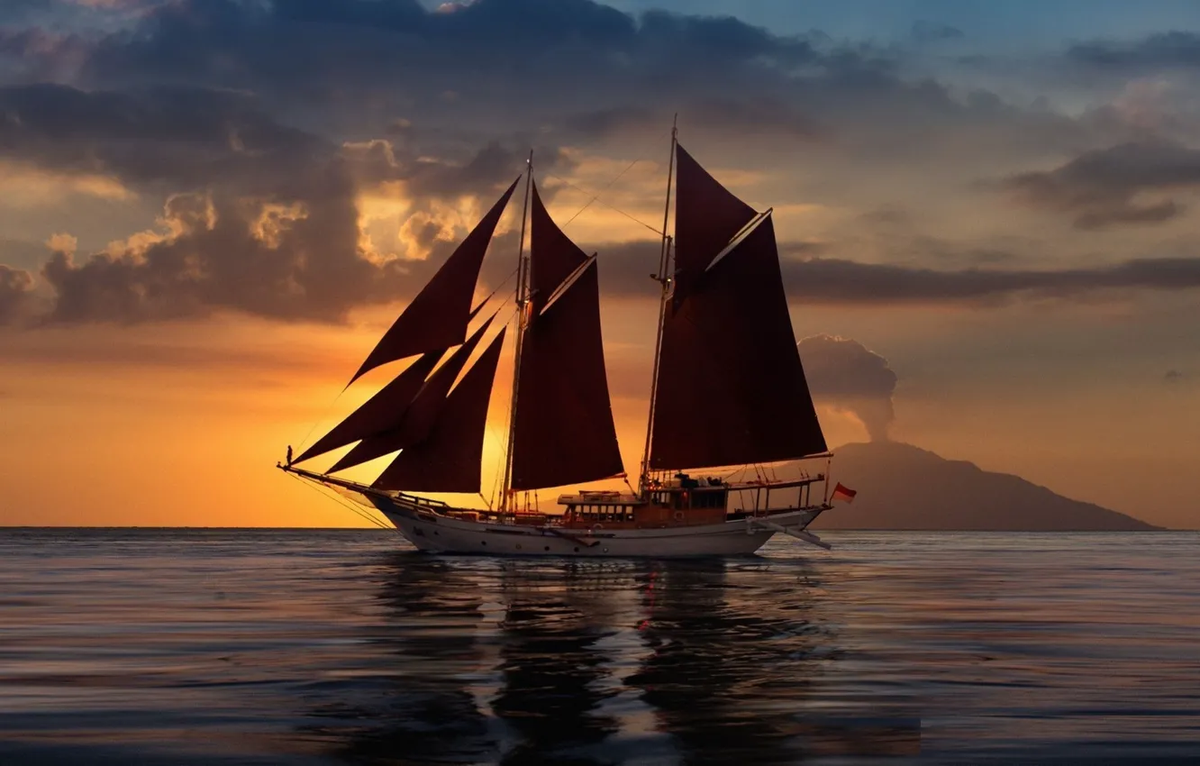 Фото обои океан, парусник, вечер, паруса, мачты, плывет на закате, sailing out at sunset on board SI …