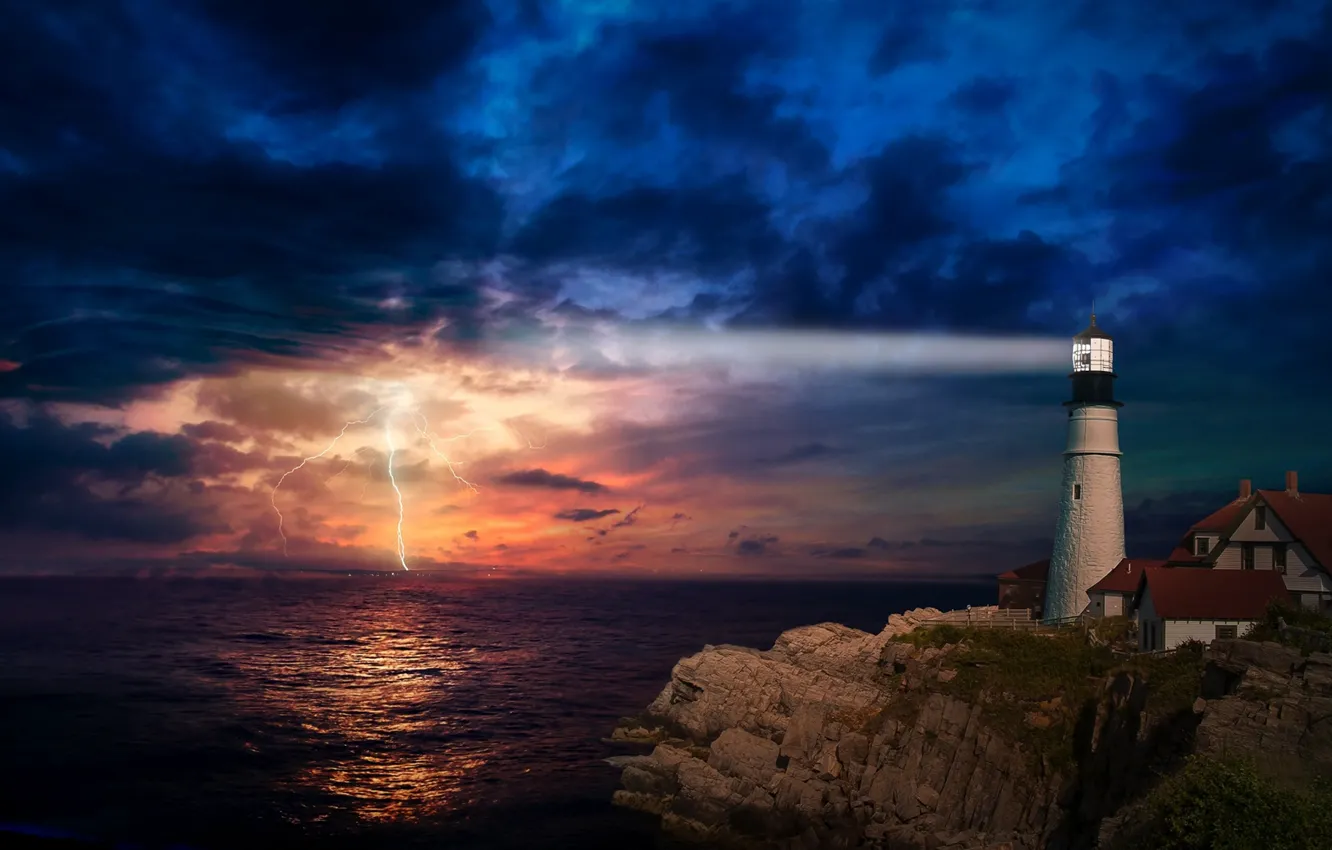 Фото обои море, гроза, ночь, скала, молния, маяк, дома