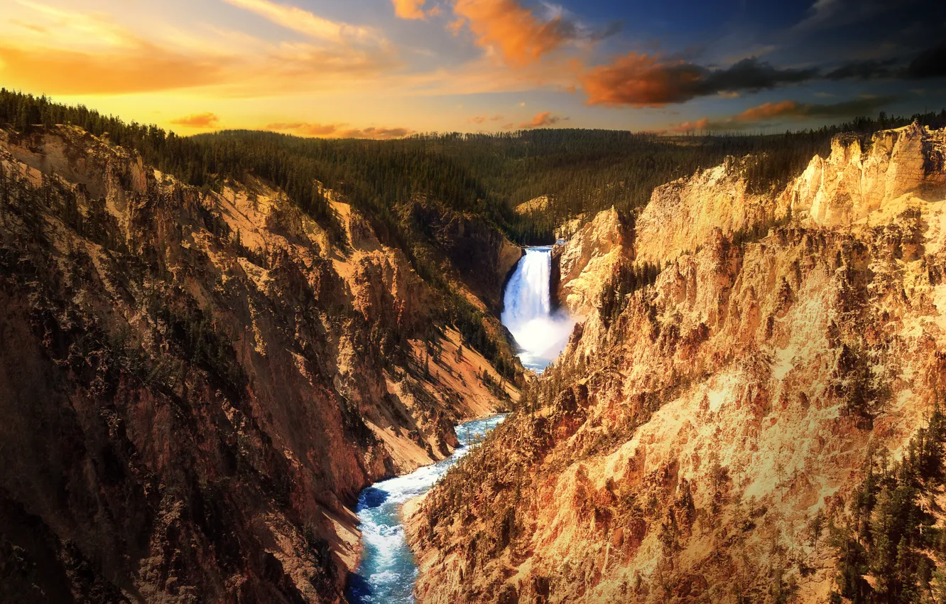 Фото обои закат, река, водопад, Скалы, Йеллоустоун