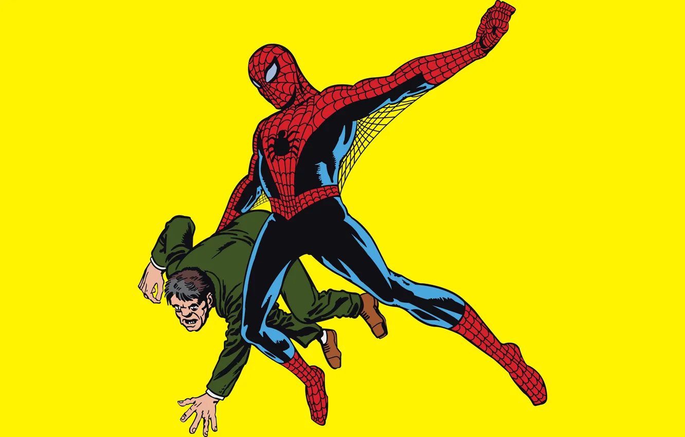 Фото обои желтый фон, супергерой, комикс, Marvel Comics, Spider-Man, Peter Parker, Питер Паркер, Человек-Паук