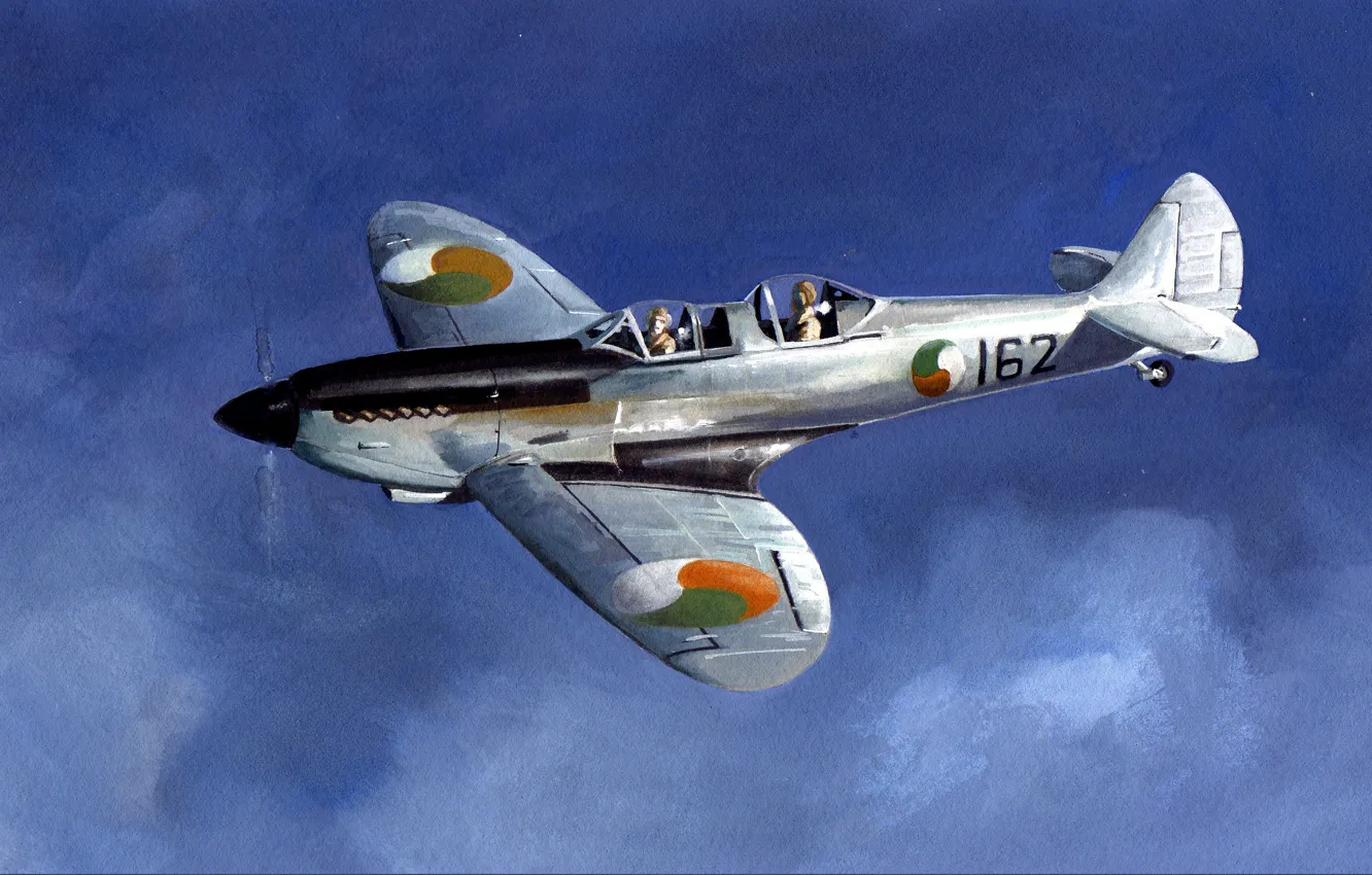 Фото обои небо, рисунок, истребитель, арт, вторая мировая, пилоты, британский, Spitfire