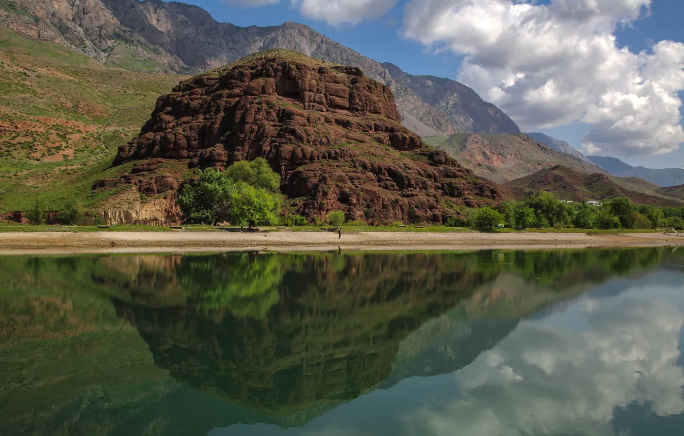 Фото обои облака, пейзаж, горы, природа, озеро, отражение, скалы, Таджикистан