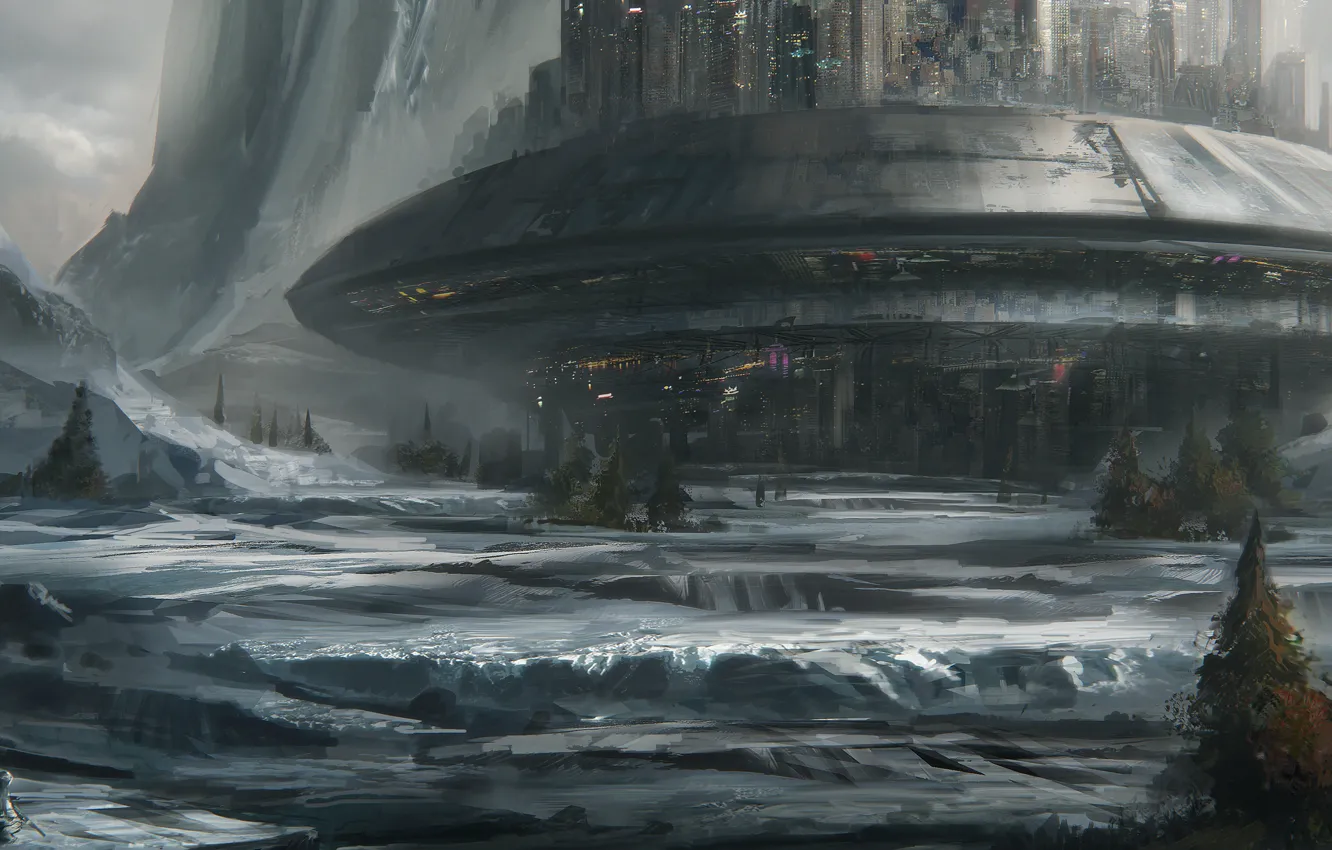 Фото обои лед, лес, снег, горы, город, Tundra base