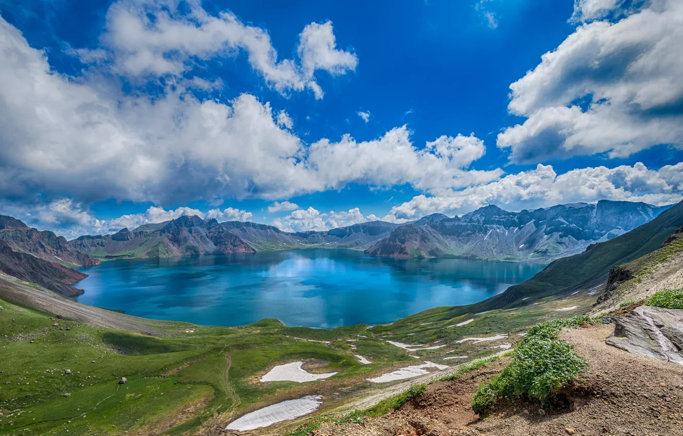 Фото обои горы, природа, отражение, панорама озеро