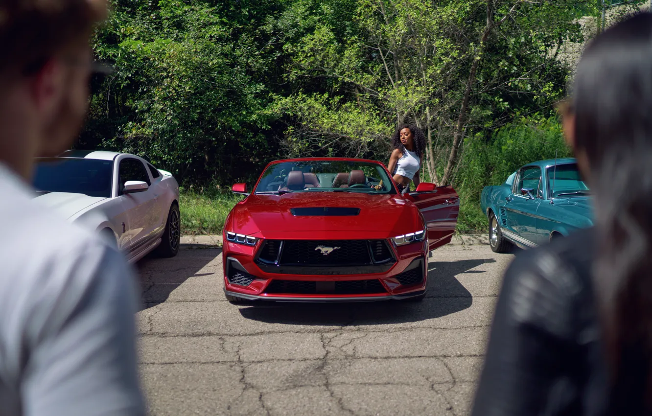 Фото обои Mustang, Ford, red, girl, Ford Mustang GT Convertible