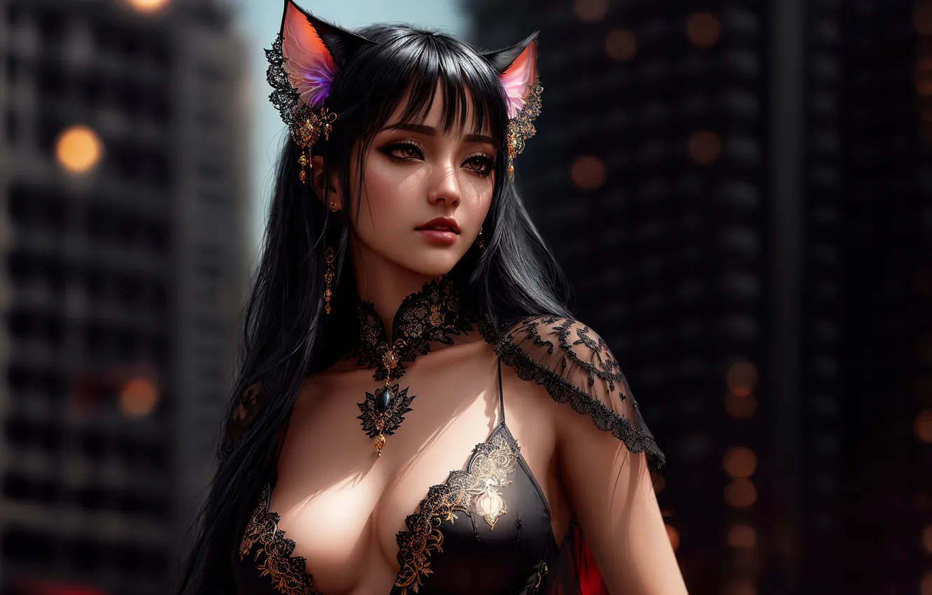 Фото обои girl, fantasy, art, digital art, fantasy art, fantasy girl, cat-girl, Stable Diffusion